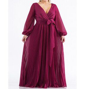 Fuchsia Long Sleeve Metallic Pleated Formal Wedding Guest Evening Dress 8